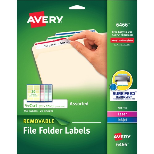 Avery® Removable Laser/Inkjet Filing Labels - 21/32" Width x 3 7/16" Length - Removable Adhesive - Rectangle - Laser, Inkjet - Blue, Green, Red, White, Yellow - Paper - 30 / Sheet - 25 Total Sheets - 750 Total Label(s) - 750 / Pack