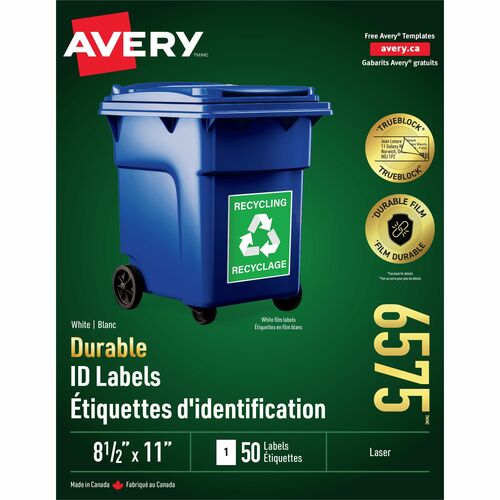 Avery® TrueBlock ID Label - Waterproof - 8 1/2" Width x 11" Length - Permanent Adhesive - Rectangle - Laser - White - Film - 1 / Sheet - 50 Total Sheets - 50 Total Label(s) - 5 - Water Resistant - Permanent Adhesive, Durable, Heavy Duty, Scuff Resista