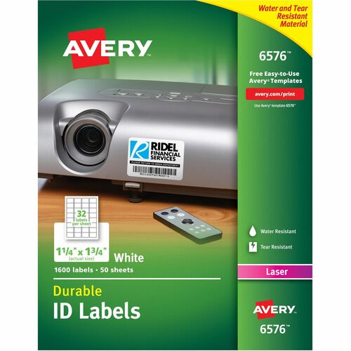 Avery® TrueBlock ID Label - Waterproof - 1 1/4" Width x 1 3/4" Length - Permanent Adhesive - Rectangle - Laser - White - Film - 32 / Sheet - 50 Total Sheets - 1600 Total Label(s) - 5 - Water Resistant - Permanent Adhesive, Durable, Heavy Duty, Scuff R