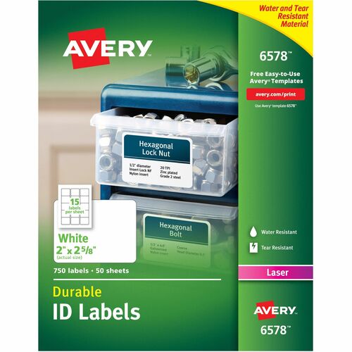 Avery® Permanent Durable ID Laser Labels - Waterproof - 2" Width x 2 5/8" Length - Permanent Adhesive - Rectangle - Laser - White - Film - 15 / Sheet - 50 Total Sheets - 750 Total Label(s) - 5 - Water Resistant - Permanent Adhesive, Durable, Heavy Dut