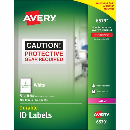 Avery TrueBlock ID Label - Waterproof - 5" Width x 8 1/8" Length - Permanent Adhesive - Rectangle - Laser - Matte - White - Film - 2 / Sheet - 50 Total Sheets - 100 Total Label(s) - 100 / Pack - Water Resistant - Permanent Adhesive, Durable, Heavy Duty, S