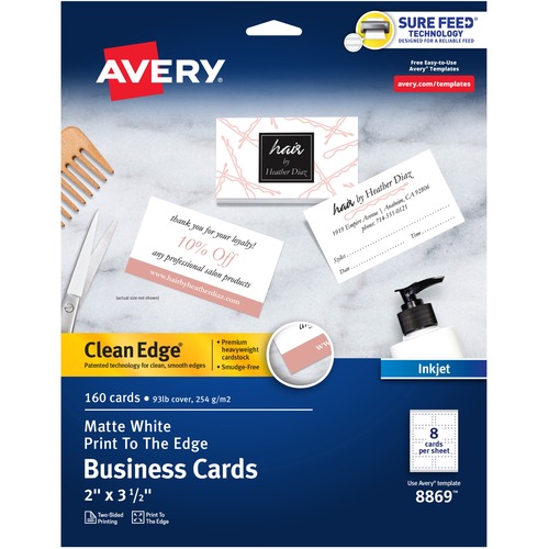 Avery® Clean Edge Business Cards, 2" x 3.5" , White, 160 (08869) - 110 Brightness - 8 1/2" x 11" - 93 lb Basis Weight - 254 g/m² Grammage - Matte - 160 / Pack - Heavyweight, Rounded Corner, Smooth Edge - White