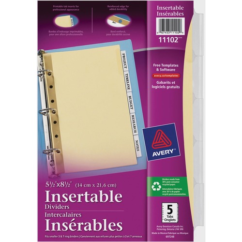 Avery® WorkSaver Standard Insertable Tabs Divider - 5 x Divider(s) - Blank Tab(s) - 5 Tab(s)/Set - 0.25" - 8.5" Divider Width x 5.50" Divider Length - 3 Hole Punched - Buff Paper Divider - Clear Tab(s) - 30% Recycled - Reinforced Edges, Insertable Tab