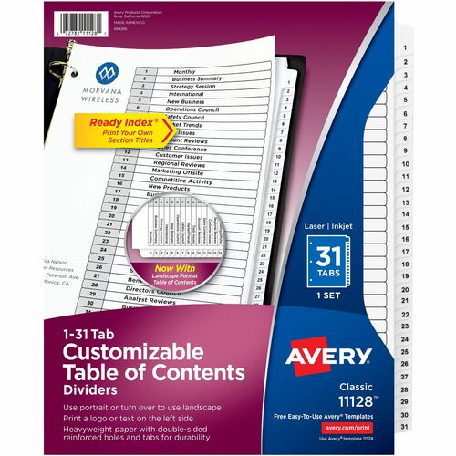 Avery® Ready Index Binder Dividers - Customizable Table of Contents - 31 x Divider(s) - Printed Tab(s) - Digit - 1-31 - 31 Tab(s)/Set - 8.5" Divider Width x 11" Divider Length - Letter - 3 Hole Punched - White Paper Divider - White Tab(s) - Recycled -