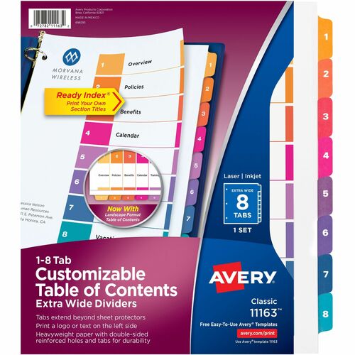 Avery® Ready Index Extra-Wide Binder Dividers - Customizable Table of Contents - 8 Printed Tab(s) - Digit - 1-8 - 8 Tab(s)/Set - 9" Divider Width x 11" Divider Length - 3 Hole Punched - Multicolor Paper Divider - Recycled - Reinforced, Punched, Hole R