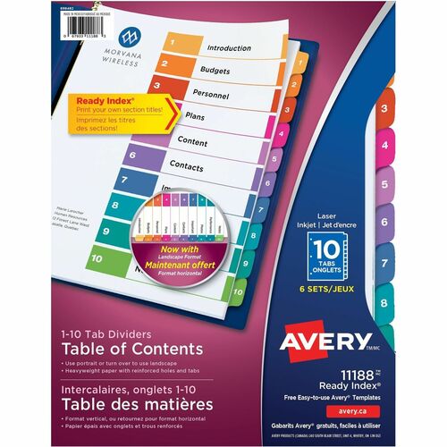 Avery® Ready Index Custom TOC Binder Dividers - 60 x Divider(s) - 1-10, Table of Contents - 10 Tab(s)/Set - 8.50" Divider Width x 11" Divider Length - 3 Hole Punched - White Paper Divider - Multicolor Paper Tab(s) - 6 / Pack