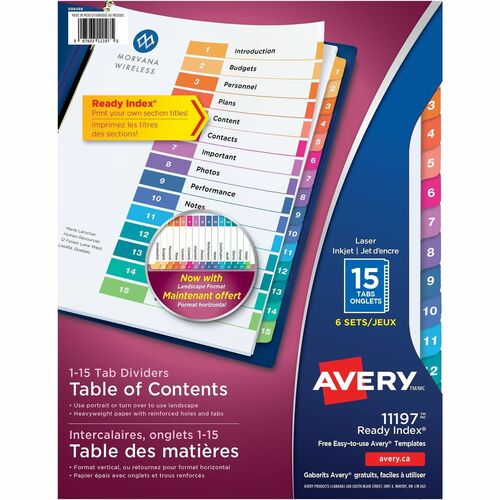 Avery® Ready Index Custom TOC Binder Dividers - 90 x Divider(s) - 1-15 - 15 Tab(s)/Set - 8.50" Divider Width x 11" Divider Length - 3 Hole Punched - White Paper Divider - Multicolor Paper Tab(s) - 6 / Pack