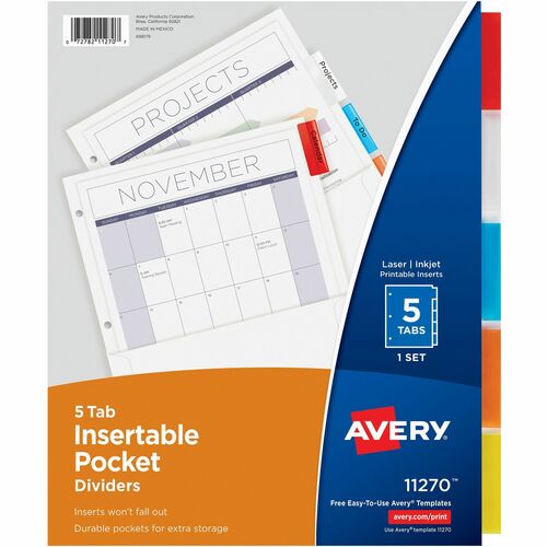 Avery® Pocket Insertable Dividers - 5 Tab(s) - 5 Tab(s)/Set - 11" Divider Width - Assorted Paper Divider - Multicolor Tab(s) - Recycled - Insertable Tab, Rip Proof, Punched - 5 / Set