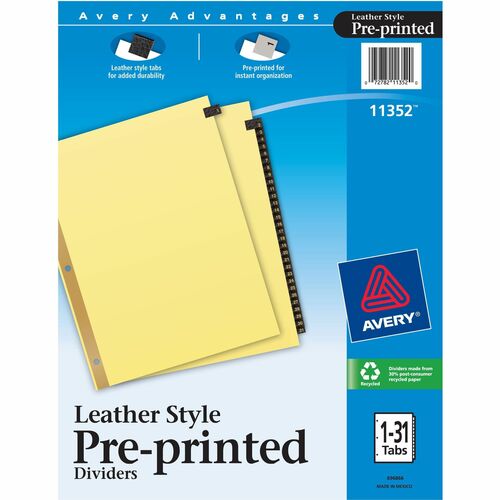 Avery® Preprinted Tab Dividers - Gold Reinforced Edge - 31 x Divider(s) - Printed Tab(s) - Digit - 1-31 - 31 Tab(s)/Set - 8.5" Divider Width x 11" Divider Length - Letter - 3 Hole Punched - Buff Paper Divider - Black Leather Tab(s) - Recycled - Gold R