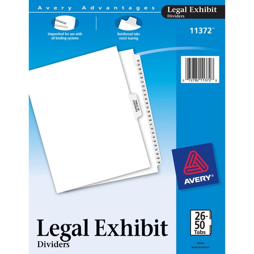 Avery® Premium Collated Legal Exhibit Dividers with Table of Contents Tab - Avery Style - 26 x Divider(s) - Printed Tab(s) - Digit - 26-50 - 26 Tab(s)/Set - 8.5" Divider Width x 11" Divider Length - Letter - White Paper Divider - White Tab(s) - Recycl