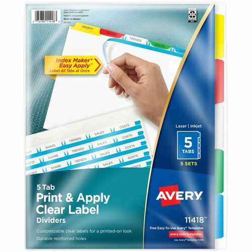 Avery® Index Maker Index Divider - 25 x Divider(s) - 5 - 5 Tab(s)/Set - 8.5" Divider Width x 11" Divider Length - 3 Hole Punched - White Paper Divider - Multicolor Paper Tab(s) - Recycled - 5 / Set