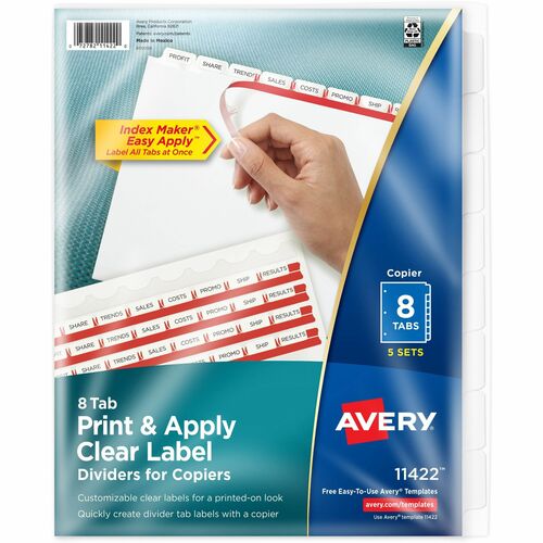 Avery® Print & Apply Clear Label Dividers - Index Maker Easy Peel Printable Labels - 8 Blank Tab(s) - 8 Tab(s)/Set - 8.5" Divider Width x 11" Divider Length - Letter - White Divider - White Tab(s) - Recycled - Punched - 5 / Pack
