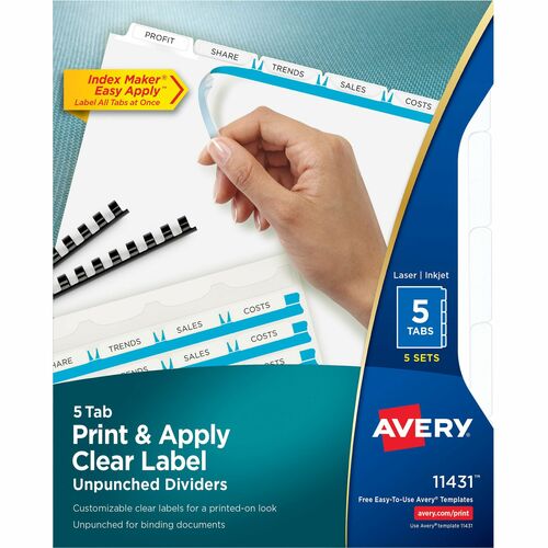 Avery® Print & Apply Label Unpunched Dividers - Index Maker Easy Apply Label Strip - 25 x Divider(s) - 5 Blank Tab(s) - 5 Tab(s)/Set - 8.5" Divider Width x 11" Divider Length - Letter - White Paper Divider - White Tab(s) - Recycled - Unpunched, Reinfo