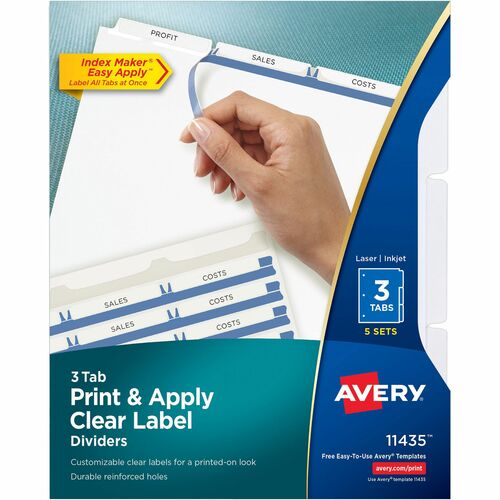 Avery® Print & Apply Clear Label Dividers - Index Maker Easy Apply Label Strip - 15 x Divider(s) - 3 Blank Tab(s) - 3 Tab(s)/Set - 8.5" Divider Width x 11" Divider Length - Letter - 3 Hole Punched - White Paper Divider - White Tab(s) - Recycled - Tear