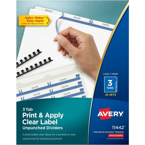 Avery® Print & Apply Label Unpunched Dividers - Index Maker Easy Apply Label Strip - 75 x Divider(s) - 3 Blank Tab(s) - 3 Tab(s)/Set - 8.5" Divider Width x 11" Divider Length - Letter - White Paper Divider - White Tab(s) - Recycled - Unpunched, Reinfo