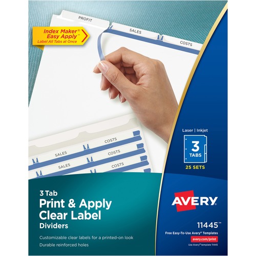 Avery® Print & Apply Clear Label Dividers - Index Maker Easy Apply Label Strip - 75 x Divider(s) - 3 Blank Tab(s) - 3 Tab(s)/Set - 8.5" Divider Width x 11" Divider Length - Letter - 3 Hole Punched - White Paper Divider - White Tab(s) - Recycled - Tear