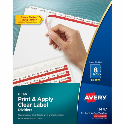 Avery® Print & Apply Clear Label Dividers - Index Maker Easy Apply Label Strip - 200 x Divider(s) - 8 Blank Tab(s) - 8 Tab(s)/Set - 8.50" Divider Width x 11" Divider Length - Letter - 3 Hole Punched - White Paper Divider - White Tab(s)