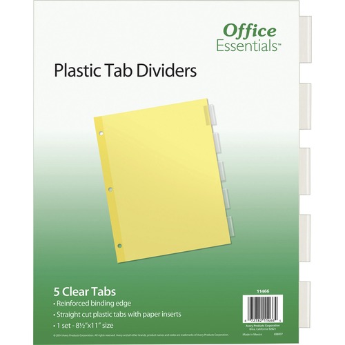 Avery® Office Essentials Insertable Dividers - 5 x Divider(s) - 5 - 5 Tab(s)/Set - 8.5" Divider Width x 11" Divider Length - 3 Hole Punched - Buff Paper Divider - Clear Plastic Tab(s) - Recycled - 1