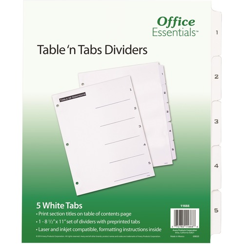 Avery® B/W Print Table of Contents Tab Dividers - 5 x Divider(s) - 1-5 - 5 Tab(s)/Set - 8.5" Divider Width x 11" Divider Length - 3 Hole Punched - White Paper Divider - Black Paper, White Tab(s) - 1