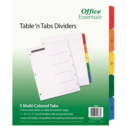 Avery® Table 'N Tabs Numeric Dividers - 5 x Divider(s) - 1-5 - 5 Tab(s)/Set - 8.5" Divider Width x 11" Divider Length - 3 Hole Punched - White Paper Divider - Multicolor Paper Tab(s) - 1