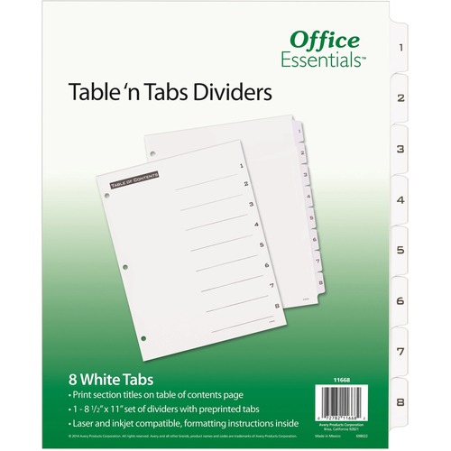 Avery® B/W Print Table of Contents Tab Dividers - 8 x Divider(s) - 1-8 - 8 Tab(s)/Set - 8.5" Divider Width x 11" Divider Length - 3 Hole Punched - White Paper Divider - Black Paper, White Tab(s) - 8 / Set
