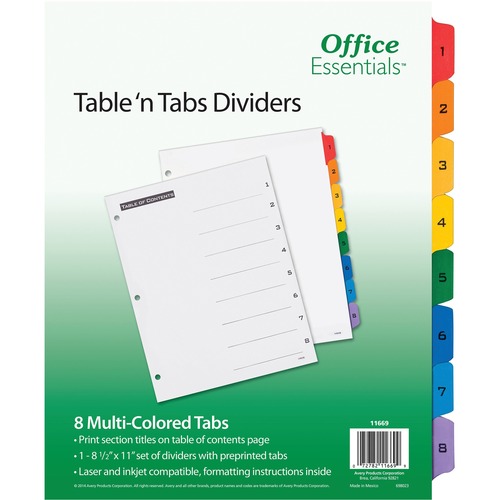 Avery® Table 'N Tabs Numeric Dividers - 8 x Divider(s) - 1-8 - 8 Tab(s)/Set - 8.5" Divider Width x 11" Divider Length - 3 Hole Punched - White Paper Divider - Multicolor Paper Tab(s) - 1