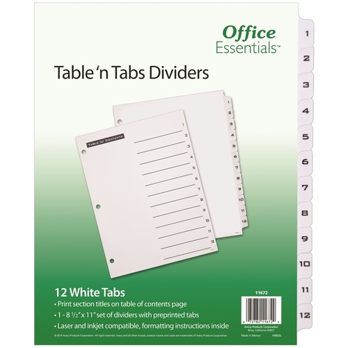 Avery® B/W Print Table of Contents Tab Dividers - 12 x Divider(s) - 1-12 - 12 Tab(s)/Set - 8.5" Divider Width x 11" Divider Length - 3 Hole Punched - White Paper Divider - Black Paper, White Tab(s) - 1
