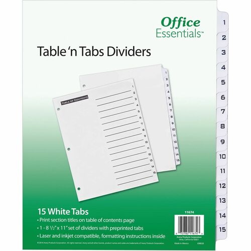 Avery® Table 'N Tabs Numeric Dividers - 15 x Divider(s) - 1-15 - 15 Tab(s)/Set - 8.5" Divider Width x 11" Divider Length - 3 Hole Punched - White Paper Divider - Black Paper, White Tab(s) - 15 / Set