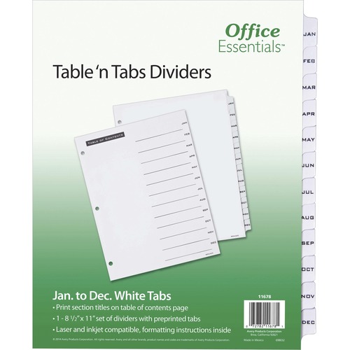 Avery® Table 'N Tab Monthly Divider Set - 12 x Divider(s) - Jan-Dec - 12 Tab(s)/Set - 8.5" Divider Width x 11" Divider Length - 3 Hole Punched - White Paper Divider - Black Paper, White Tab(s) - 1
