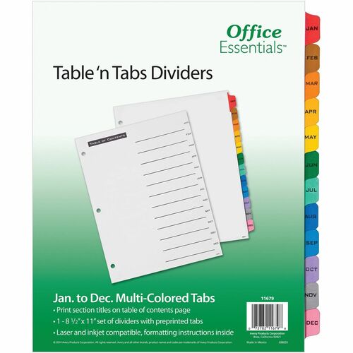 Avery® Table 'N Tab Monthly Divider Set - 12 x Divider(s) - Jan-Dec - 12 Tab(s)/Set - 8.5" Divider Width x 11" Divider Length - 3 Hole Punched - White Paper Divider - Multicolor Paper Tab(s) - 1