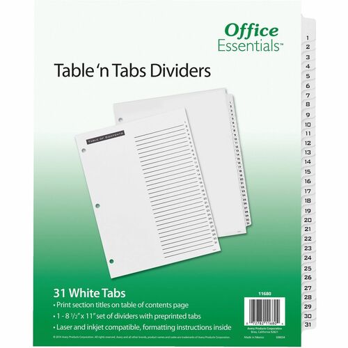 Avery® Table 'N Tabs Daily Dividers - 31 x Divider(s) - 1-31 - 31 Tab(s)/Set - 8.5" Divider Width x 11" Divider Length - 3 Hole Punched - White Paper Divider - Black Paper, White Tab(s) - 1