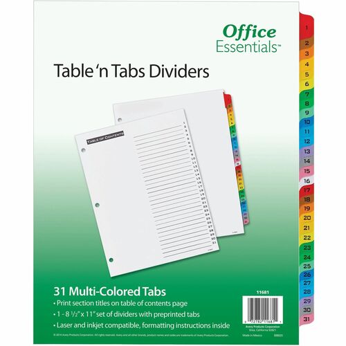 Avery® Table 'N Tabs Daily Dividers - 31 x Divider(s) - 1-31 - 31 Tab(s)/Set - 8.5" Divider Width x 11" Divider Length - 3 Hole Punched - White Paper Divider - Multicolor Paper Tab(s) - 31 / Set