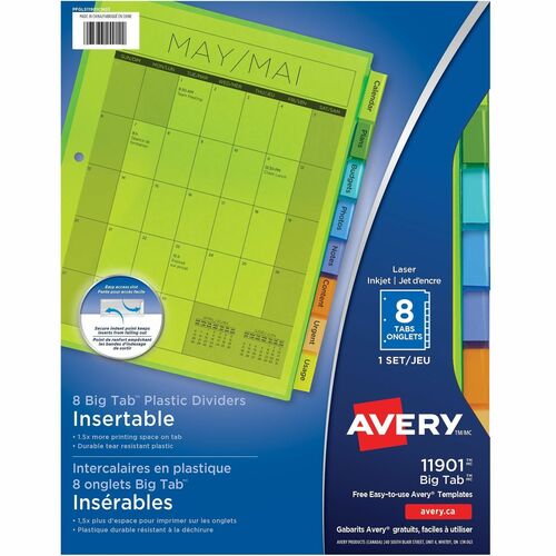 Avery® Big Tab Insertable Plastic Dividers - 8 x Divider(s) - 8 - 8 Tab(s)/Set - 8.50" Divider Width x 11" Divider Length - 3 Hole Punched - Translucent Plastic Divider - Multicolor Plastic Tab(s) - Top Tab Accessories - AVE11901