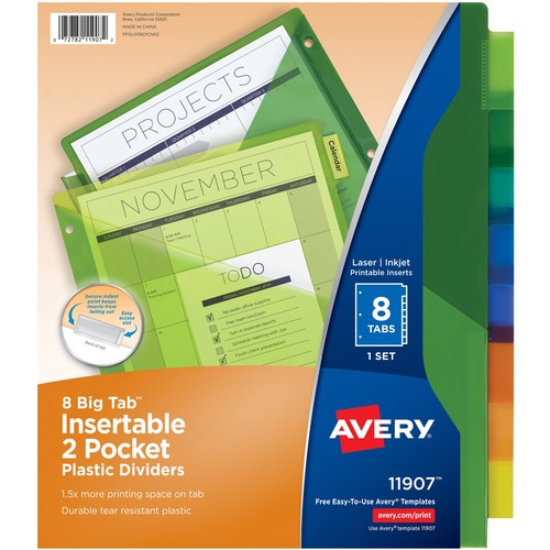 Avery Big Tab Insertable 2-Pocket Dividers - 8 x Divider(s) - 8 - 8 Tab(s)/Set - 9.3" Divider Width x 11.25" Divider Length - 3 Hole Punched - Multicolor Plastic Divider - Multicolor Plastic Tab(s) - Hole-punched, Insertable, Customizable, Durable, Tear R