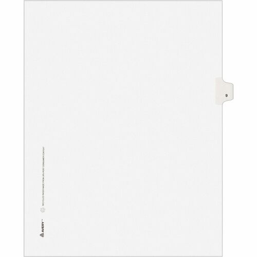 Avery® Individual Legal Exhibit Dividers - Avery Style - Unpunched - 25 x Divider(s) - 25 Printed Tab(s) - Digit - 9 - 1 Tab(s)/Set - 8.5" Divider Width x 11" Divider Length - Letter - White Paper Divider - White Tab(s) - Recycled - Reinforced Tab, Ri
