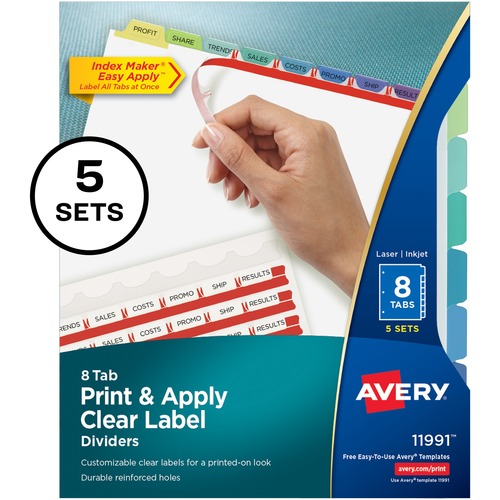 Avery® Index Maker Index Divider - 40 x Divider(s) - Print-on Tab(s) - 8 - 8 Tab(s)/Set - 8.5" Divider Width x 11" Divider Length - 3 Hole Punched - White Paper Divider - Multicolor Paper Tab(s) - 5 / Pack