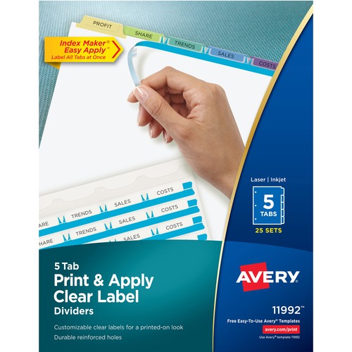 Avery® Index Maker Index Divider - 125 x Divider(s) - Print-on Tab(s) - 5 - 5 Tab(s)/Set - 8.5" Divider Width x 11" Divider Length - 3 Hole Punched - White Paper Divider - Multicolor Paper Tab(s) - 25 / Box