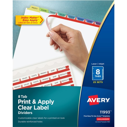Avery® Index Maker Index Divider - 200 x Divider(s) - Print-on Tab(s) - 8 - 8 Tab(s)/Set - 8.5" Divider Width x 11" Divider Length - 3 Hole Punched - White Paper Divider - Multicolor Paper Tab(s) - 25 / Box
