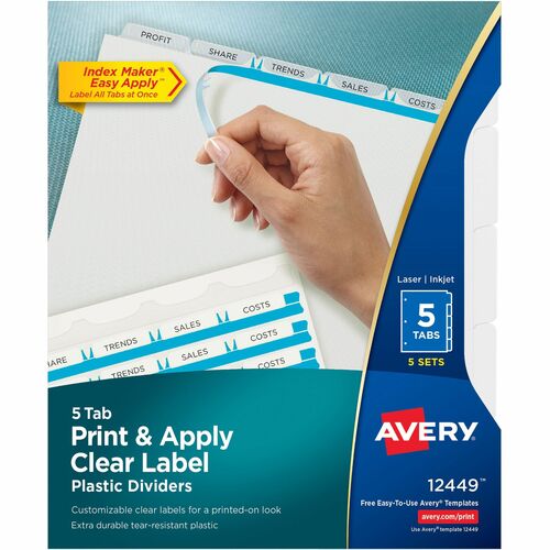 Avery® Index Maker Index Divider - 25 x Divider(s) - Print-on Tab(s) - 5 - 5 Tab(s)/Set - 8.5" Divider Width x 11" Divider Length - 3 Hole Punched - Translucent Plastic Divider - Frosted Clear Plastic Tab(s) - 1
