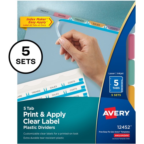 Avery® Index Maker Index Divider - 25 x Divider(s) - Print-on Tab(s) - 5 - 5 Tab(s)/Set - 8.5" Divider Width x 11" Divider Length - 3 Hole Punched - Translucent Plastic Divider - Multicolor Plastic Tab(s) - 1