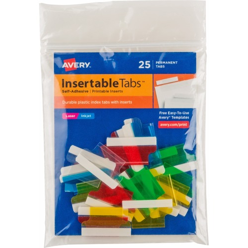 Avery® Index Tabs with Printable Inserts - Print-on Tab(s) - 1" Tab Height - Self-adhesive, Permanent - Assorted Plastic Tab(s) - 25 / Pack