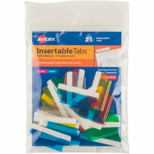 Avery® Index Tabs with Printable Inserts - Print-on Tab(s) - 1.50" Tab Height - Self-adhesive, Permanent - Assorted Plastic Tab(s) - 25 / Pack