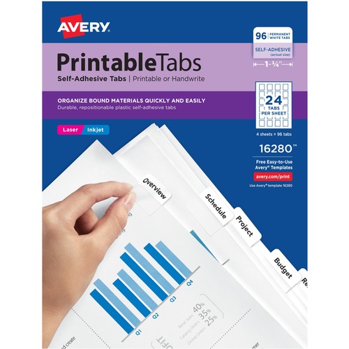 Avery® Printable Repositionable Tabs - 96 Tab(s)1.25" Tab Width - Permanent - Paper Divider - White Paper Tab(s) - 96 / Pack