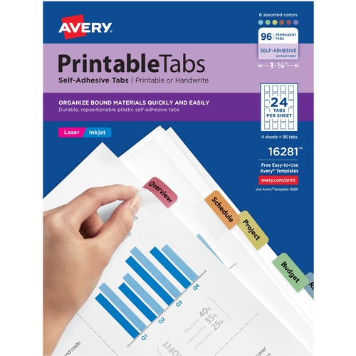 Avery® Printable Repositionable Tabs - 96 Tab(s)1.25" Tab Width - Permanent - Paper Divider - Assorted Paper Tab(s) - 96 / Pack