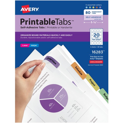 Avery® Printable Repositionable Tabs - 80 Tab(s)1.75" Tab Width - Permanent - Paper Divider - Assorted Paper Tab(s) - 1