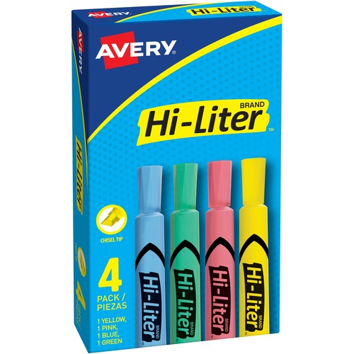 Avery® Hi-Liter Desk-Style Highlighters - Chisel Marker Point Style - Light Blue, Light Green, Light Pink, Yellow Water Based Ink - Yellow, Light Green, Light Blue, Light Pink Barrel - 4 / Box