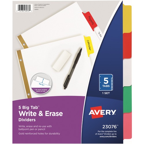 Avery® Big Tab Write & Erase Dividers - 5 x Divider(s) - 5 Write-on Tab(s) - 5 - 5 Tab(s)/Set - 8.5" Divider Width x 11" Divider Length - 3 Hole Punched - White Paper Divider - Multicolor Paper Tab(s) - Recycled - 1 / Set