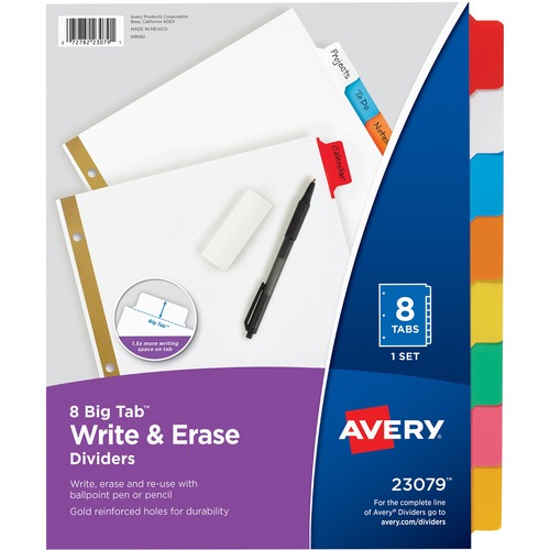 Avery® Big Tab Write & Erase Dividers - 8 x Divider(s) - 8 Write-on Tab(s) - 8 - 8 Tab(s)/Set - 8.5" Divider Width x 11" Divider Length - 3 Hole Punched - White Paper Divider - Multicolor Paper Tab(s) - Recycled - 8 / Set