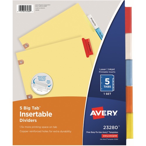 Avery® Big Tab Insertable Dividers, Buff Paper, 5 Multicolor Tabs - 5 x Divider(s) - 5 - 5 Tab(s)/Set - 8.5" Divider Width x 11" Divider Length - 3 Hole Punched - Buff Paper Divider - Multicolor Plastic Tab(s) - Recycled - 1