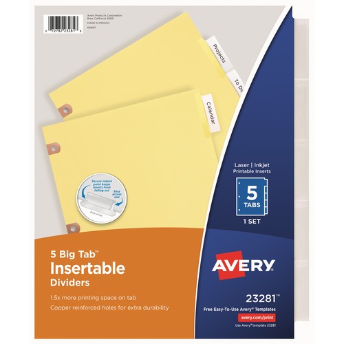 Avery® WorkSaver Big Tab Insertable Dividers - 5 x Divider(s) - 5 Tab(s) - 5 - 5 Tab(s)/Set - 8.5" Divider Width x 11" Divider Length - 3 Hole Punched - Buff Paper Divider - Clear Paper Tab(s) - 30% Recycled - 1